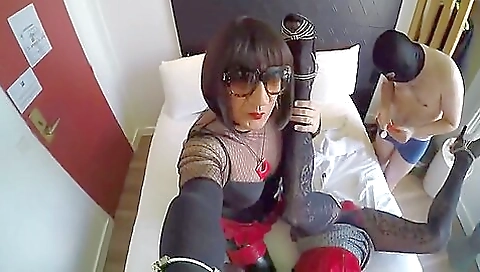 Busty brunette babe enjoys a threesome with two big cock guys