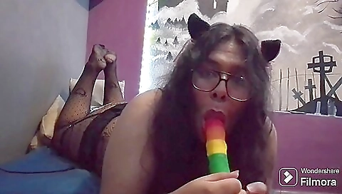 Latina amateur trans girl fucks her toy on her couch