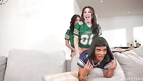 Busty brunette with a small ass gets fucked in a threesome