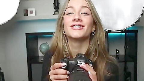 Sexy blonde babe wears a costume and gives a blow job to his