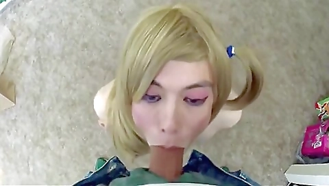 Blonde shemale with a long face gets deepthroat fucked