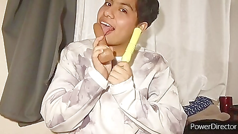 Amateur brunette with big tits playing with two sex toys