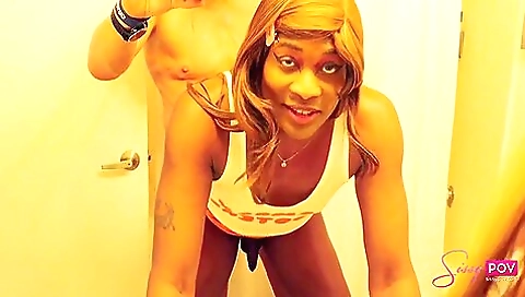 Ebony girl is giving a deepthroat handjob to a dude